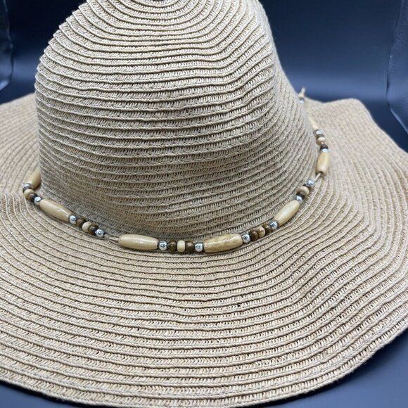 J Hats Straw Sun Floppy Packable Beige Natural Beaded Clean Beach Travel Vacay - Picture 2 of 5